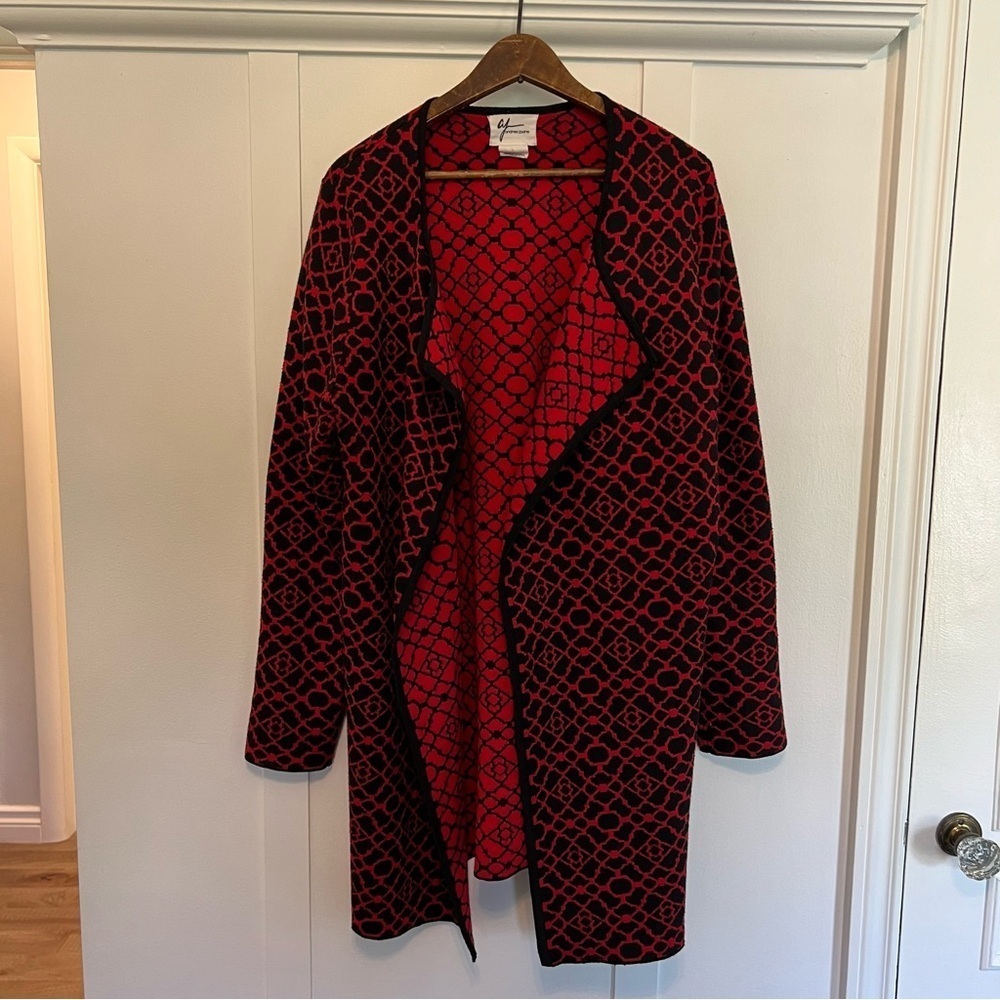Women's Large Andrea Jovine Red and Black Open Front Cardigan - Picture 4 of 8